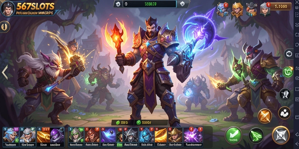 Tangkapan layar gameplay 567SLOTS yang menunjukkan pertempuran dan eksplorasi dunia MMORPG.