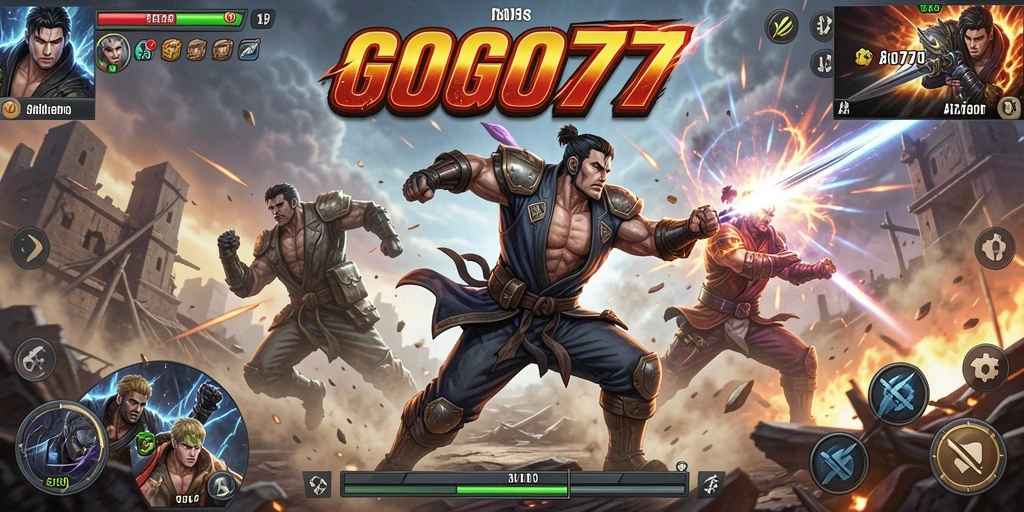 Screenshot gameplay GOGO77 menampilkan aksi seru di arena pertarungan.