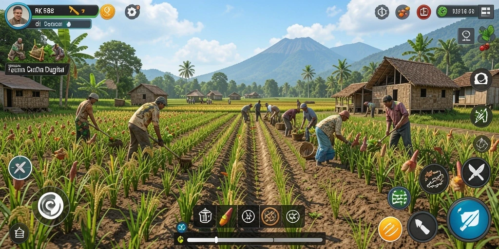 Gameplay RK88 menampilkan aktivitas bertani yang menyenangkan dan interaktif.